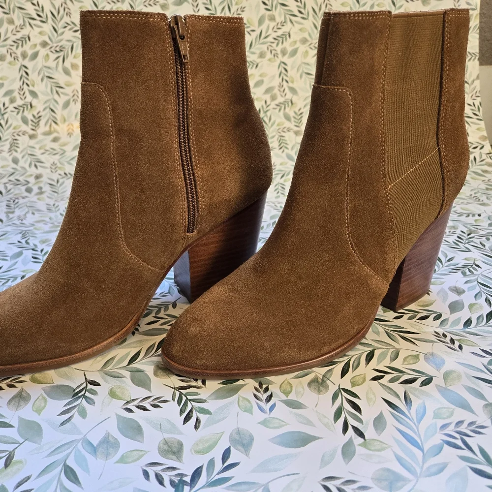 Soludos Emma Chesnut Suede Ankle Booties Tan Leather Block Heel Boots 9 - Picture 4 of 12